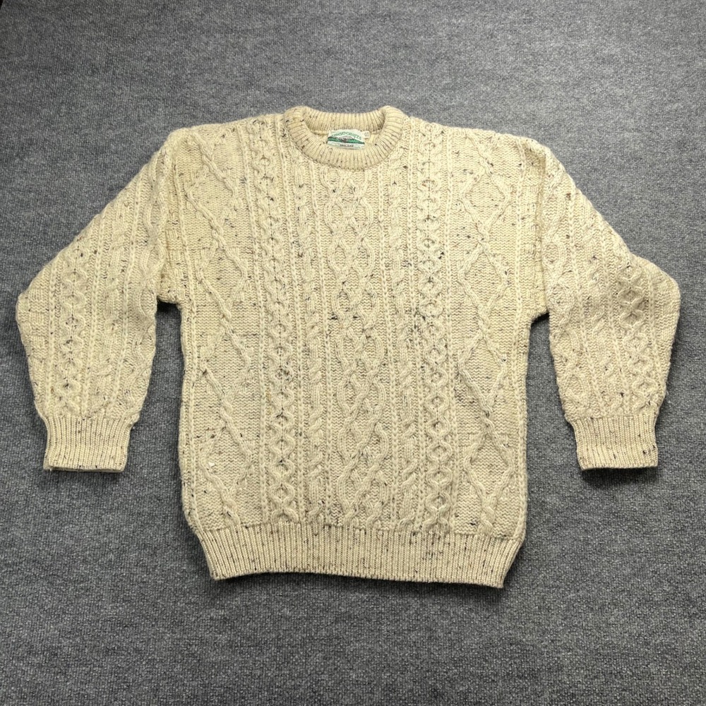 AranCrafts Ireland Mens Wool Cable Knit Sweater Cream Oatmeal Fleck Small S